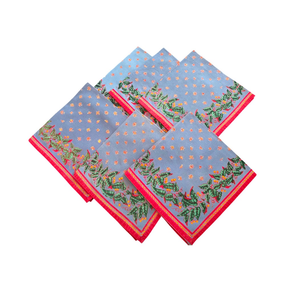 Set of 6 Williams Sonoma Provence Blue Red Napkin Floral 100% Cotton